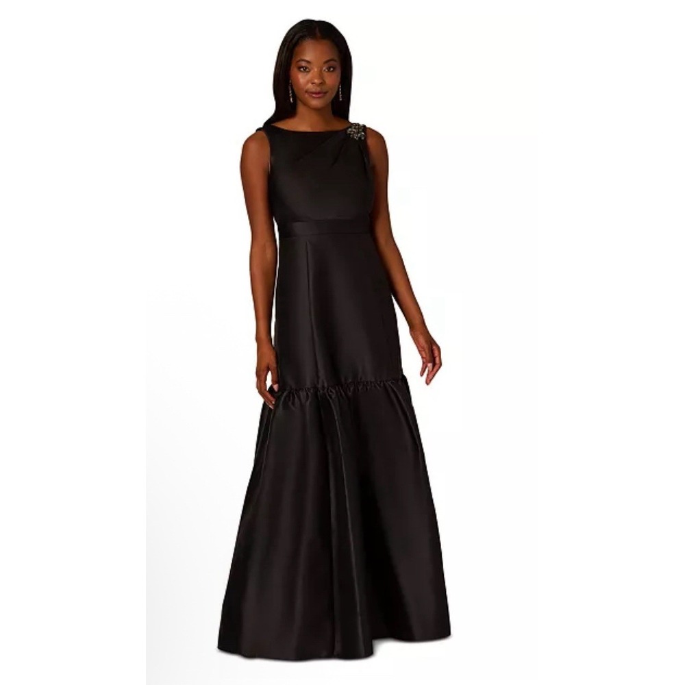Adrianna Papell Women's Mikado Flounce Gown Black Size 4 Drop Waist